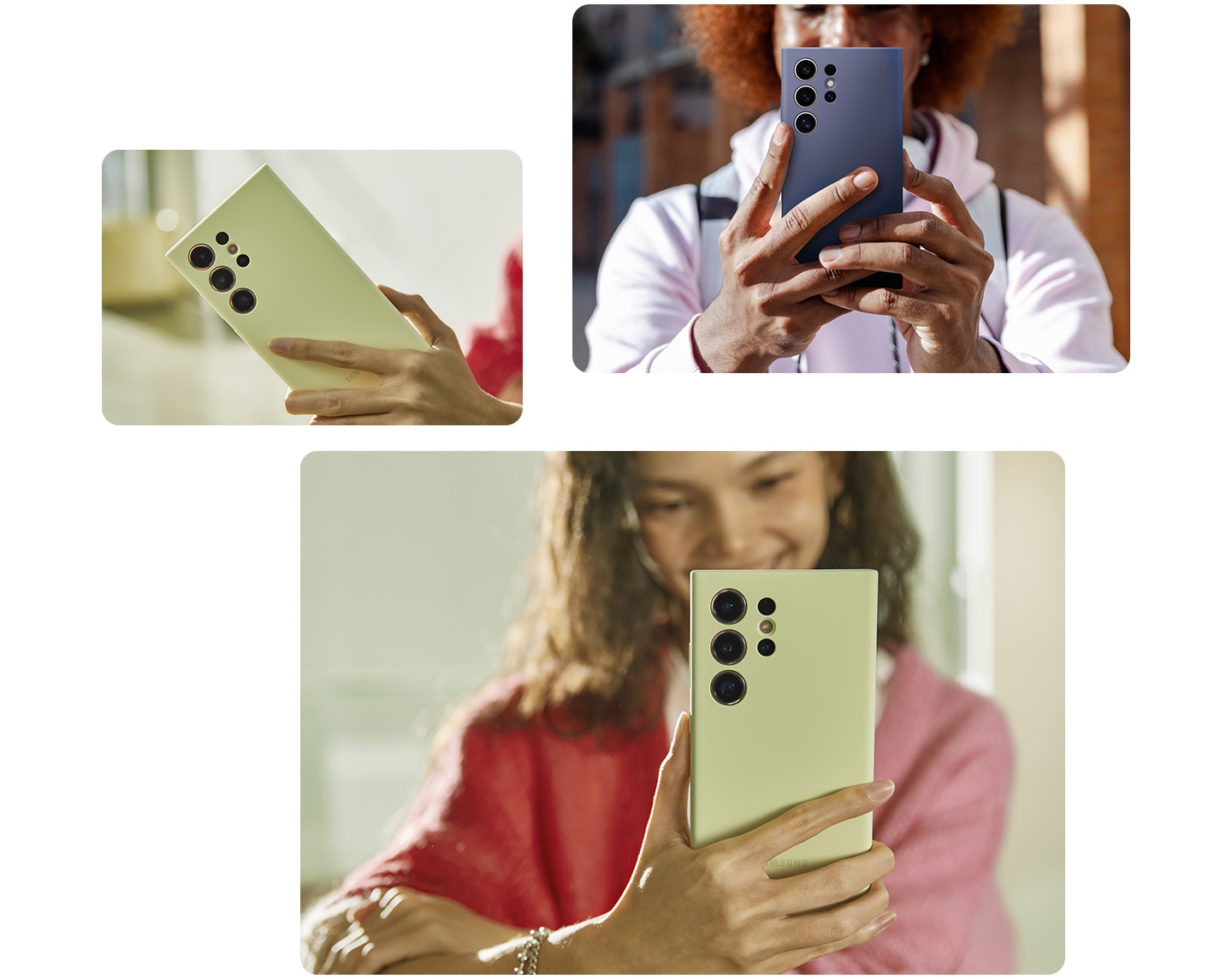 En la parte superior izquierda, una mujer sostiene cómodamente el smartphone Galaxy S24 en una funda de silicona violeta. A continuación, dos tomas diferentes muestran a una persona sosteniendo con una mano un teléfono movil Galaxy S24 Plus en una funda de silicona amarilla, lo que muestra la facilidad de agarre.