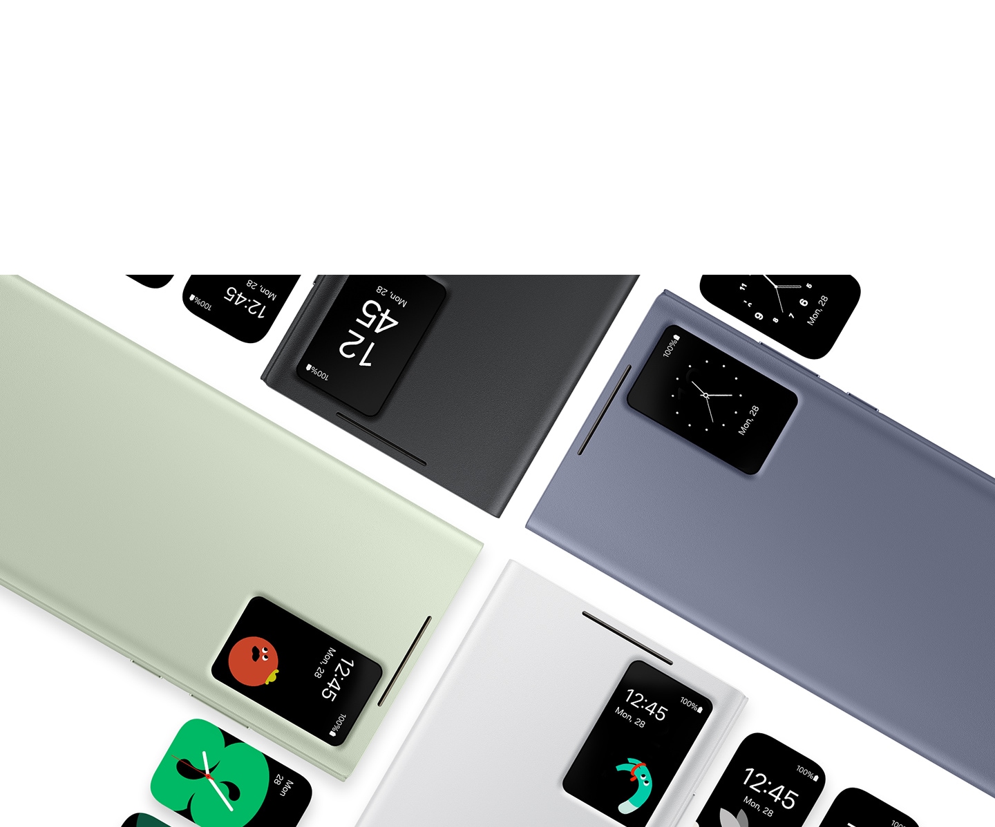 La funda movil Smart View Wallet en negro, verde claro, violeta oscuro y blanco aparece y está alineada paralelamente entre sí. La ventana S-View resalta la hora y fecha del samartphone Galaxy S24 sin necesidad de abrir la tapa.