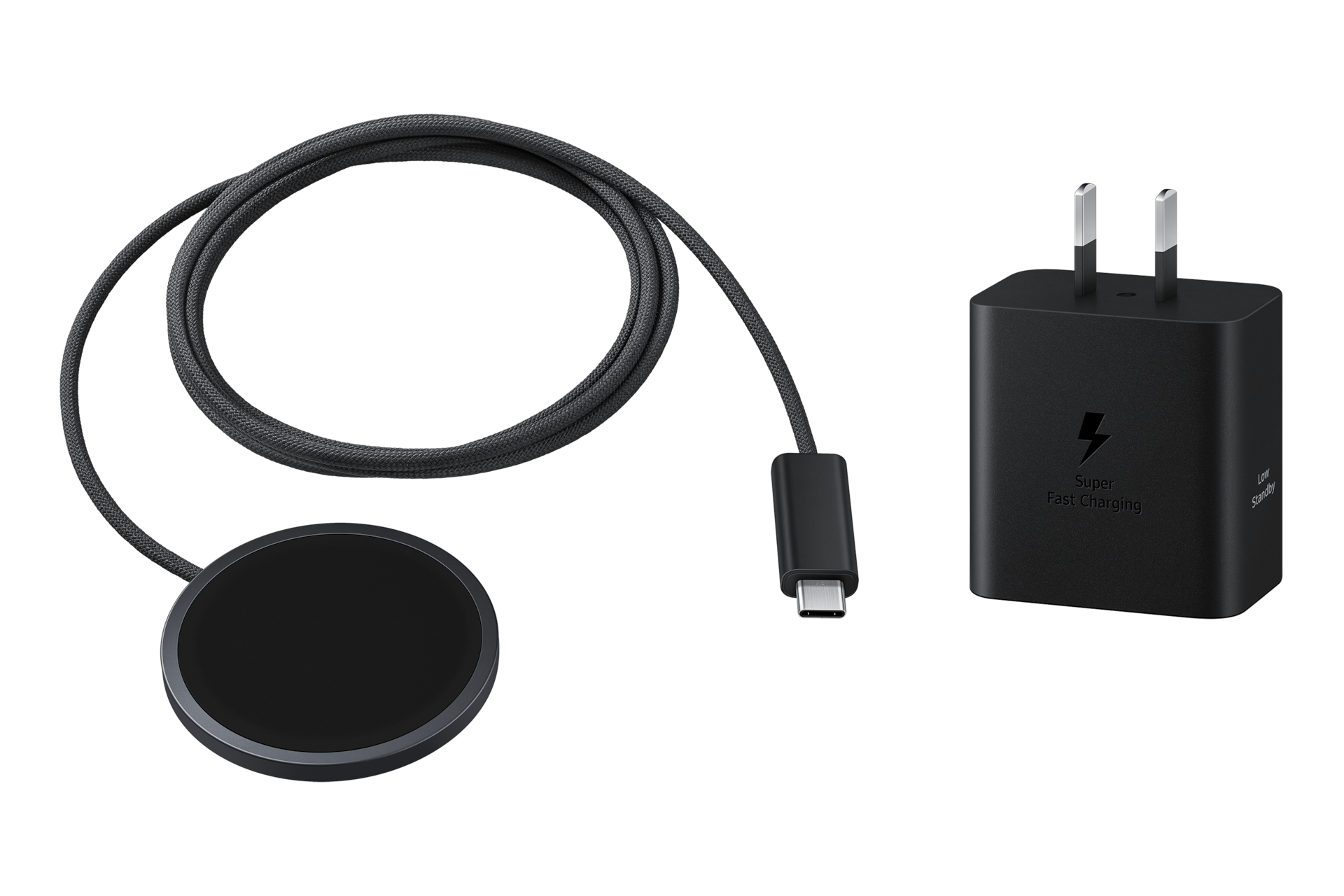 Cargador inalámbrico magnético Samsung de 25 W con diseño portátil y compatibilidad con smartphones Galaxy y Galaxy Buds.