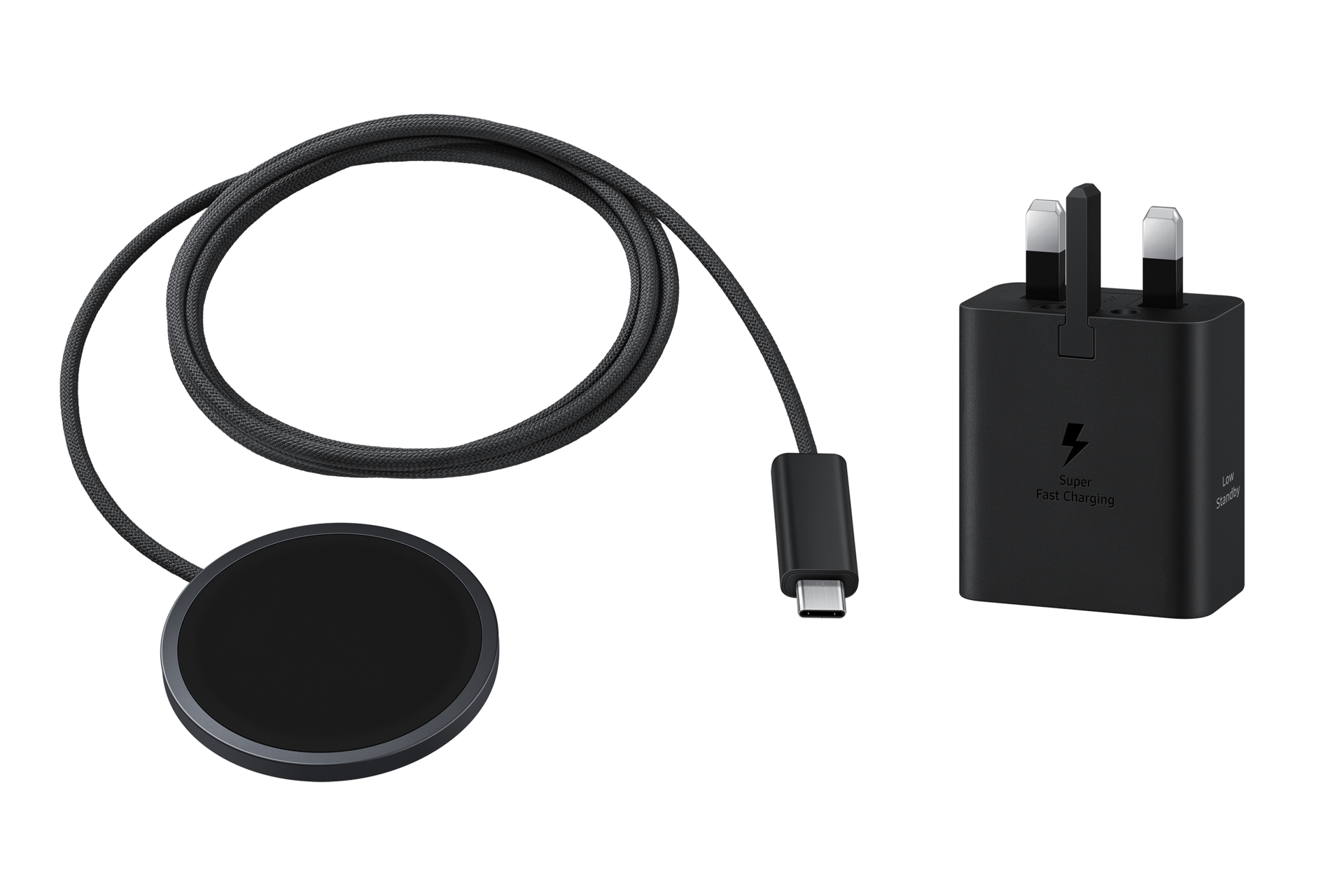 Cargador inalámbrico magnético Samsung de 25 W con diseño portátil y compatibilidad con smartphones Galaxy y Galaxy Buds.