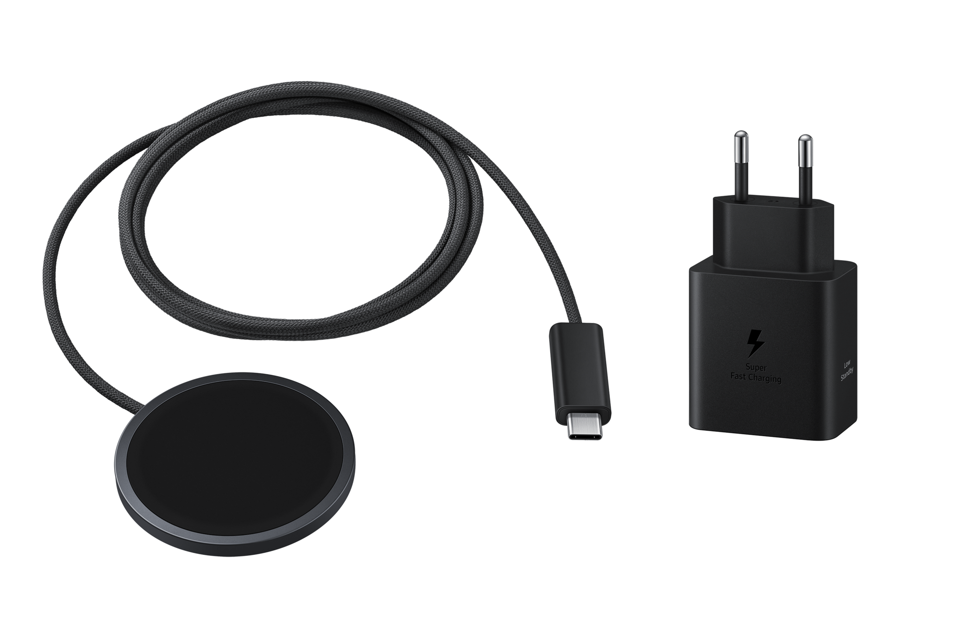 Cargador inalámbrico magnético Samsung de 25 W con diseño portátil y compatibilidad con smartphones Galaxy y Galaxy Buds.