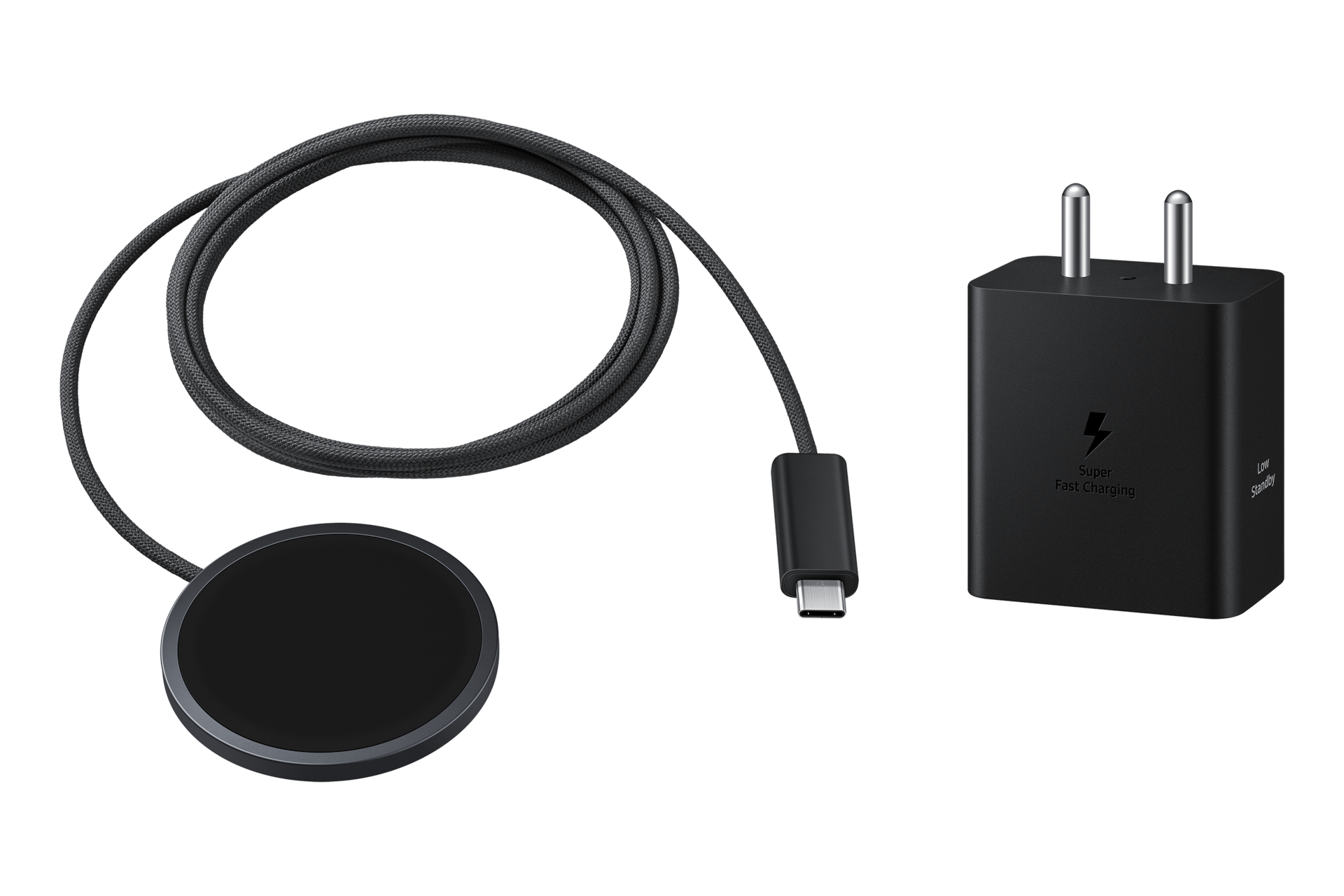 Cargador inalámbrico magnético Samsung de 25 W con diseño portátil y compatibilidad con smartphones Galaxy y Galaxy Buds.