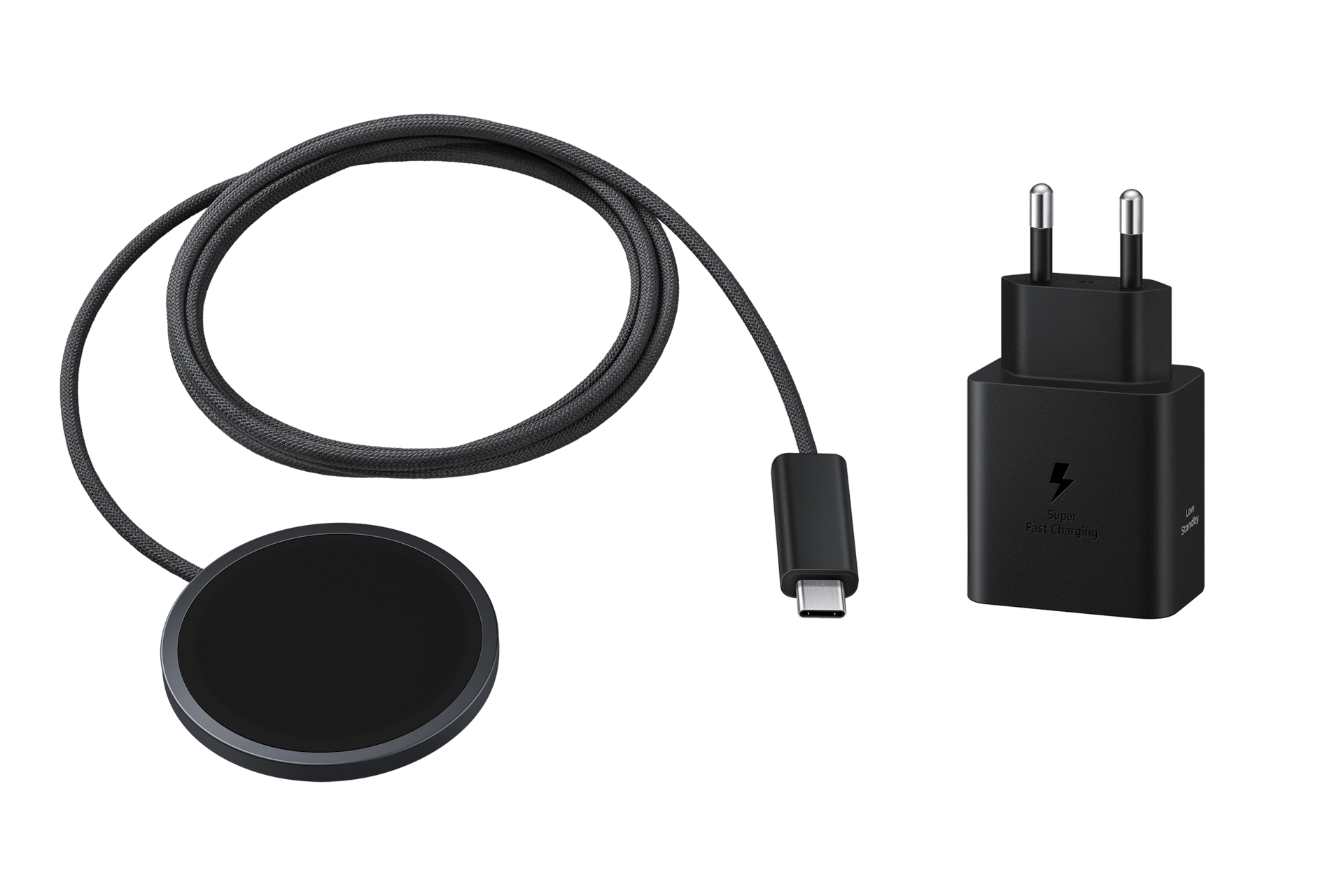 Cargador inalámbrico magnético Samsung de 25 W con diseño portátil y compatibilidad con smartphones Galaxy y Galaxy Buds.