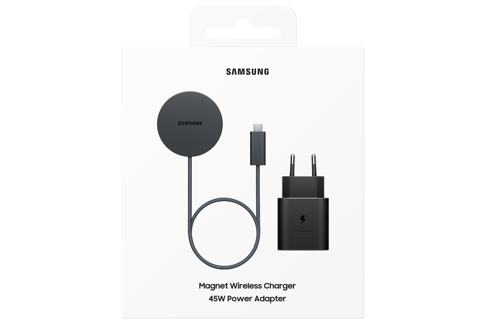 Contenido del embalaje del cargador inalámbrico magnético Samsung Qi2 de 25 W en color negro.