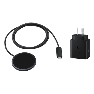 Cargador inalámbrico magnético Samsung de 25 W con diseño portátil y compatibilidad con smartphones Galaxy y Galaxy Buds.