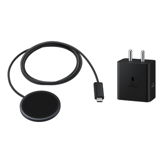 Cargador inalámbrico magnético Samsung de 25 W con diseño portátil y compatibilidad con smartphones Galaxy y Galaxy Buds.