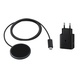 Cargador inalámbrico magnético Samsung de 25 W con diseño portátil y compatibilidad con smartphones Galaxy y Galaxy Buds.