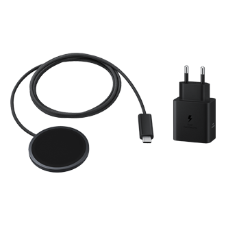 Cargador inalámbrico magnético Samsung de 25 W con diseño portátil y compatibilidad con smartphones Galaxy y Galaxy Buds.
