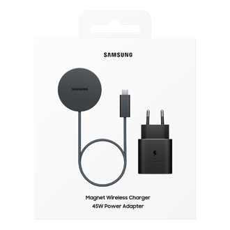 Contenido del embalaje del cargador inalámbrico magnético Samsung Qi2 de 25 W en color negro.