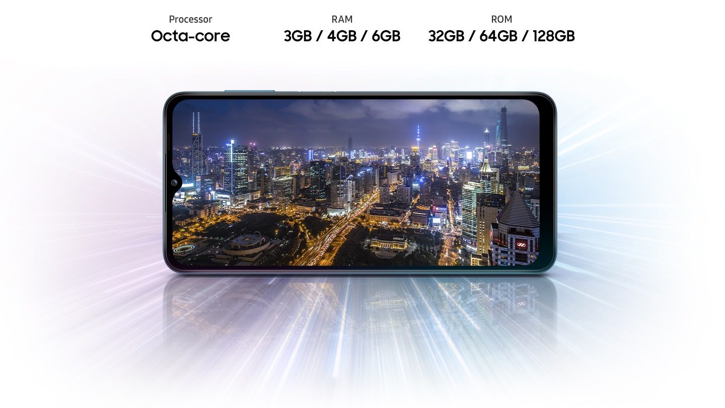 A12 shows night view of city, indicating device offers Octa-core processor, 3GB/4GB/6GB of RAM, 32GB/64GB/128GB of ROM