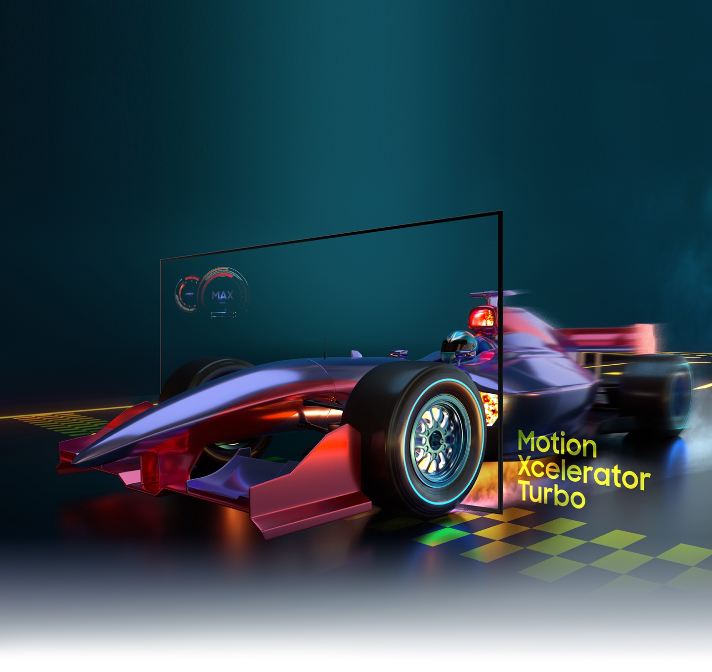 Un coche de carreras se muestra dentro de la pantalla del TV Samsung AU9000 gracias a la tecnología turbo motion xcelerator.