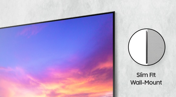 Una vista de primer plano de TV AU9000 muestra el estrecho espacio entre el televisor y la pared. La palabra Slim Fit Wall Mount se ve en el lateral.