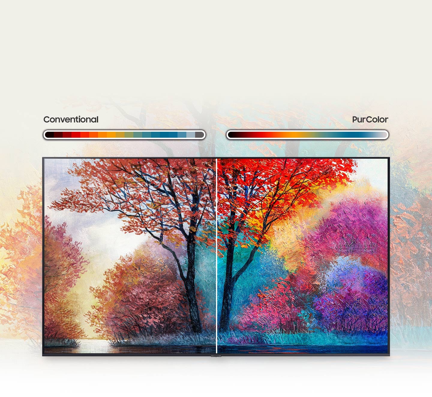 La pintura de la derecha muestra una gama más amplia y viva de color gracias a la tecnología PurColor de los televisores Samsung Crystal UHD 