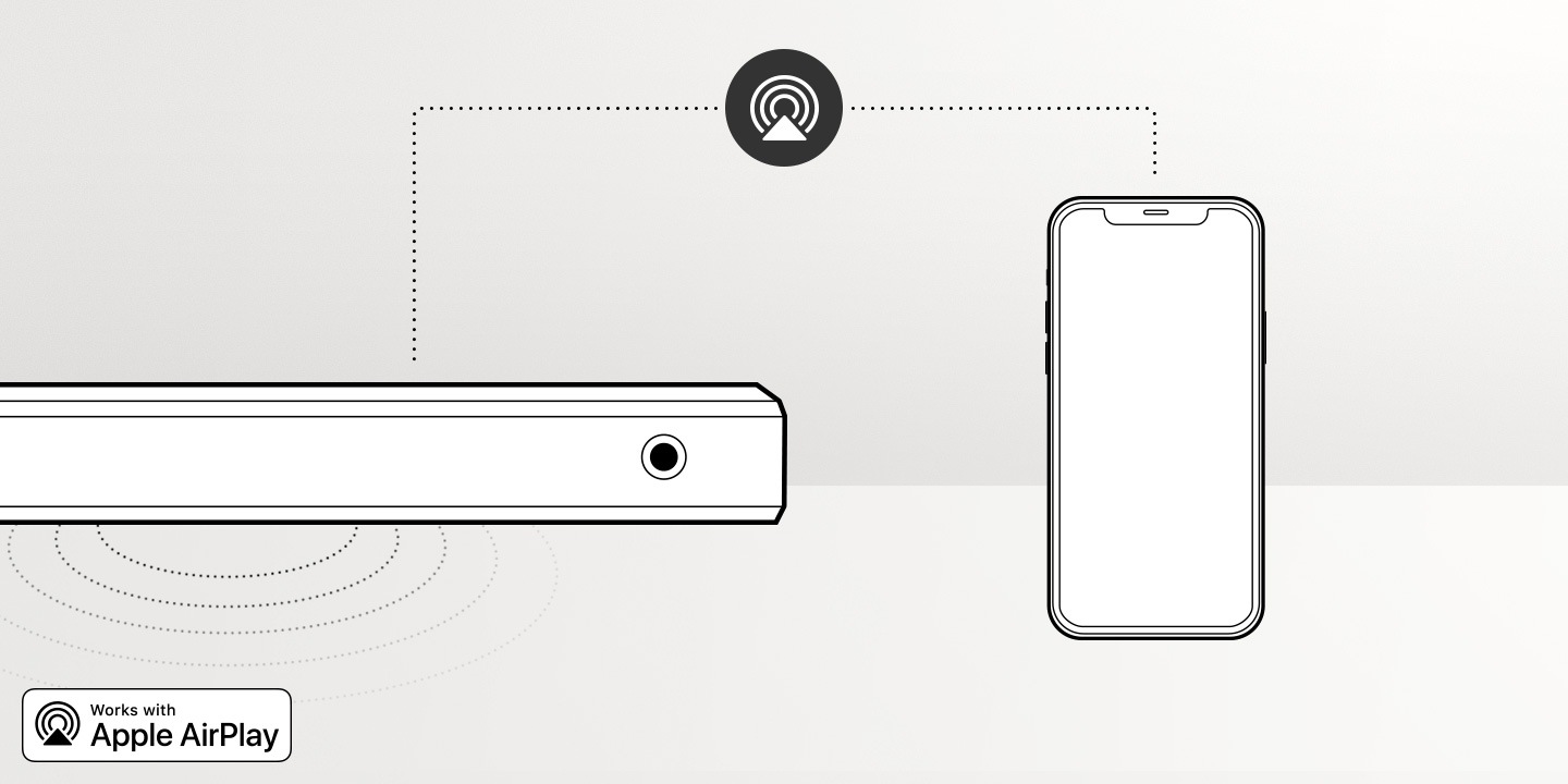 Ilustración de la función Apple AirPlay 2 incorporada de la barra de sonido Samsung S60A que permite que el audio del teléfono inteligente se reproduzca a través de la barra de sonido sin la necesidad de emparejar los dispositivos.