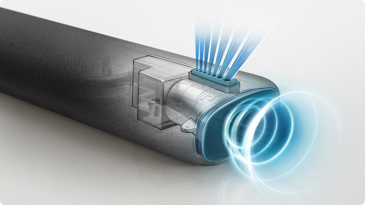 Un dibujo detallado de la barra de sonido S60A ilustra la ubicación del altavoz Side Horn con tecnología Acoustic Beam.