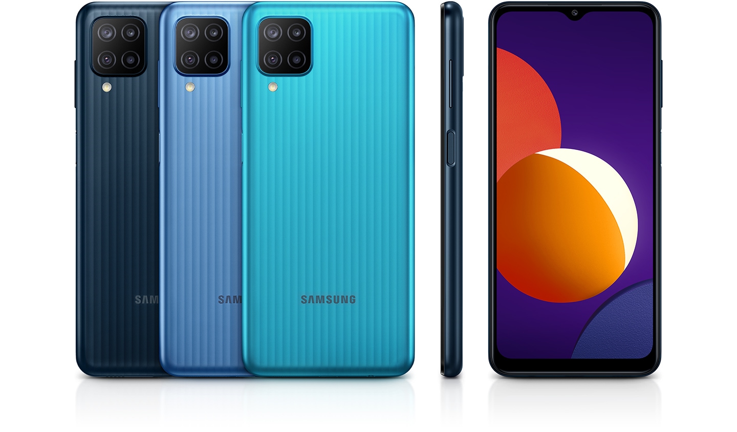 Cinco dispositivos muestran colores y diseño, tres están invertidos, uno está de lado y el último está mirando hacia el frente.