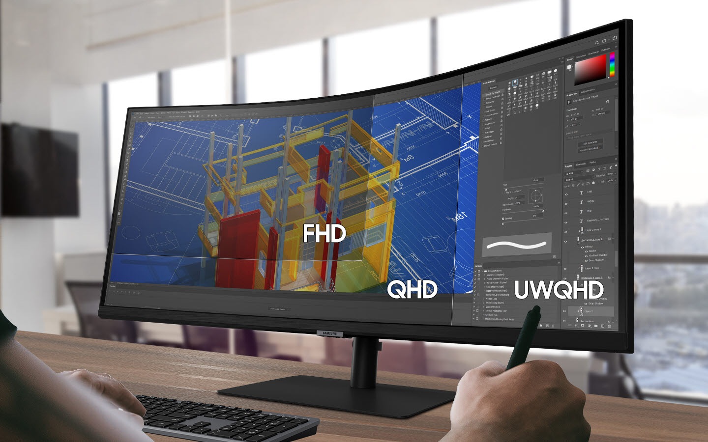 FHD, QHD, UWQHD comparan el área de pantalla disponible por resolución dentro de la pantalla S65UA.