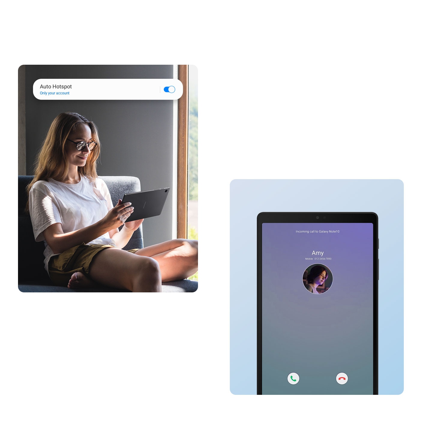 Una mujer sentada en una silla con Galaxy Tab A7 Lite en sus manos. Una notificación dice Auto Hotspot, solo su cuenta. Está encendido. Otro Galaxy Tab A7 Lite visto desde el frente, con una llamada telefónica de Amy en pantalla.