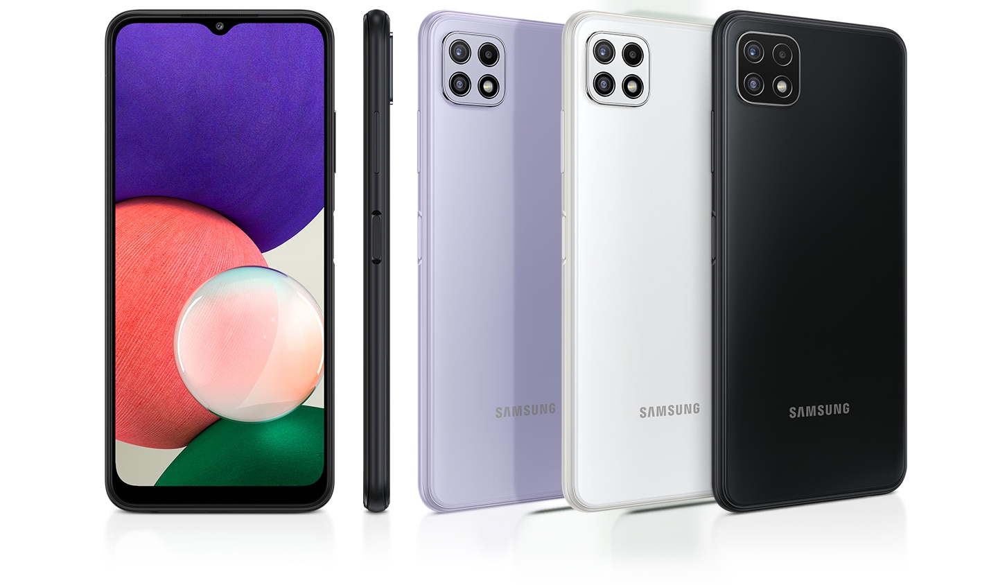 Hay una vista posterior brillante de 4 smartphones en gris, blanco, menta y violeta, junto con un perfil y una vista frontal que resalta el acabado brillante premium.