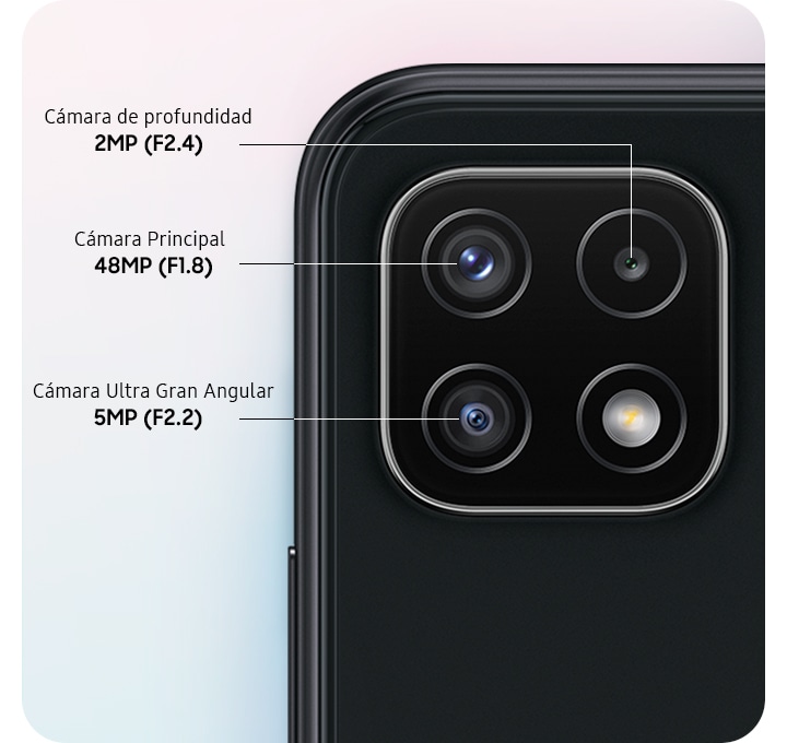 Un primer plano trasero de la cámara triple en el modelo gris, que muestra la cámara principal F1.8 de 48MP, la cámara ultra gran angular F2.2 de 5MP y la cámara de profundidad F2.4 de 2MP.