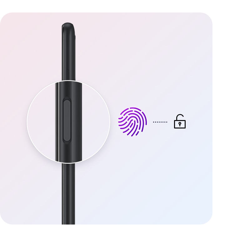 Se muestra un perfil lateral del Galaxy A03s, con el sensor de huellas dactilares agrandado y ampliado. Justo al lado del sensor, se muestran un icono de huella digital y un icono de desbloqueo con una línea de puntos corta entre ellos.