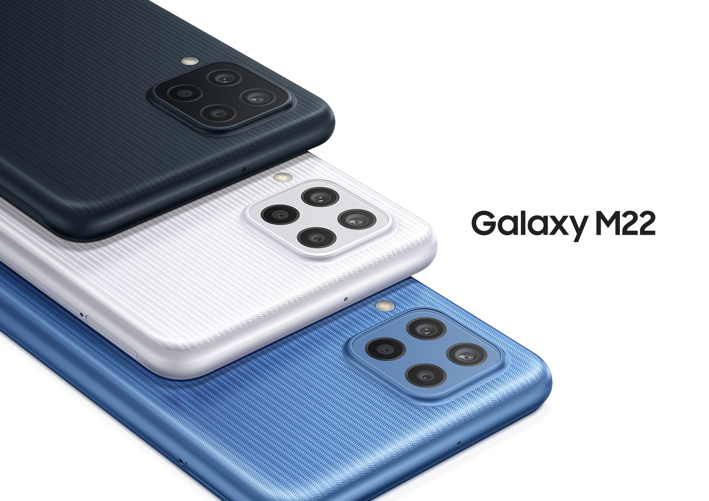 Three Galaxy M22 phones shown;  a blue one seen from behind with the front screen down at the bottom.  The blues, whites and blacks are placed one by one seen from behind with the front screen down.