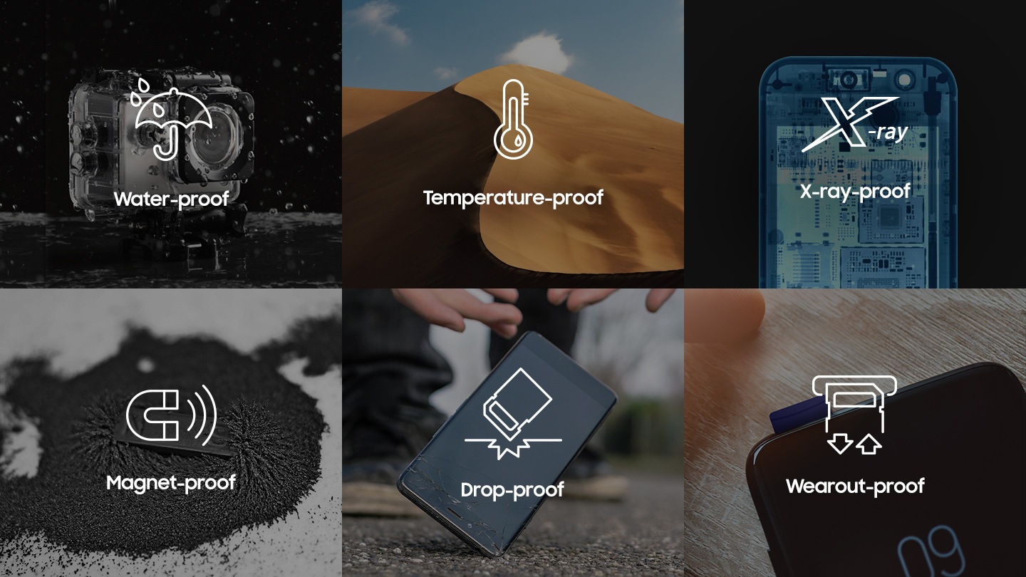 Seis pruebas que admiten microSD. Se admiten pruebas de agua, temperatura, rayos X, imán, caída y desgaste.