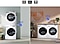 Two sets of washers and dryers are placed differently in two separate living spaces. Each set is linked with a blue line.