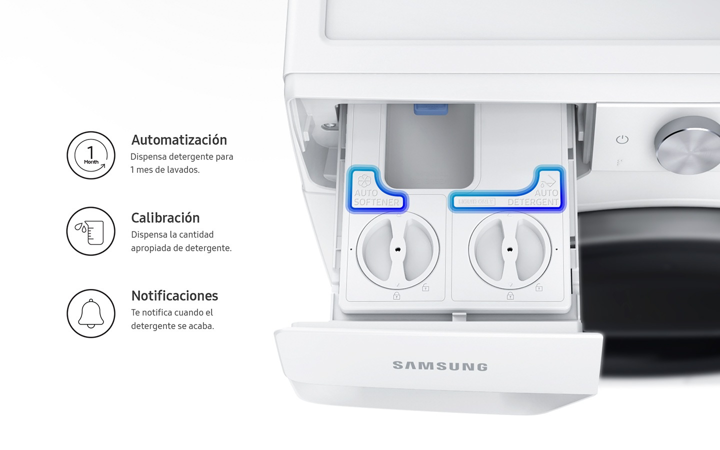 Top view of the Auto Dispenser. Icons below describe automation, calibration, and sensing features.