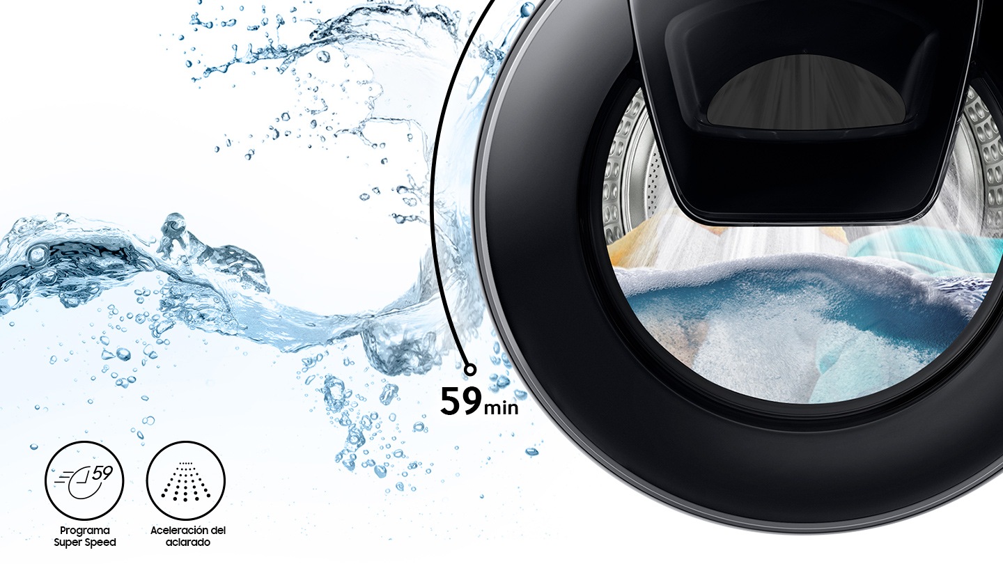 Strong water streams are visible inside the washer door while Super Speed and Speed Spray features are shown in icons.