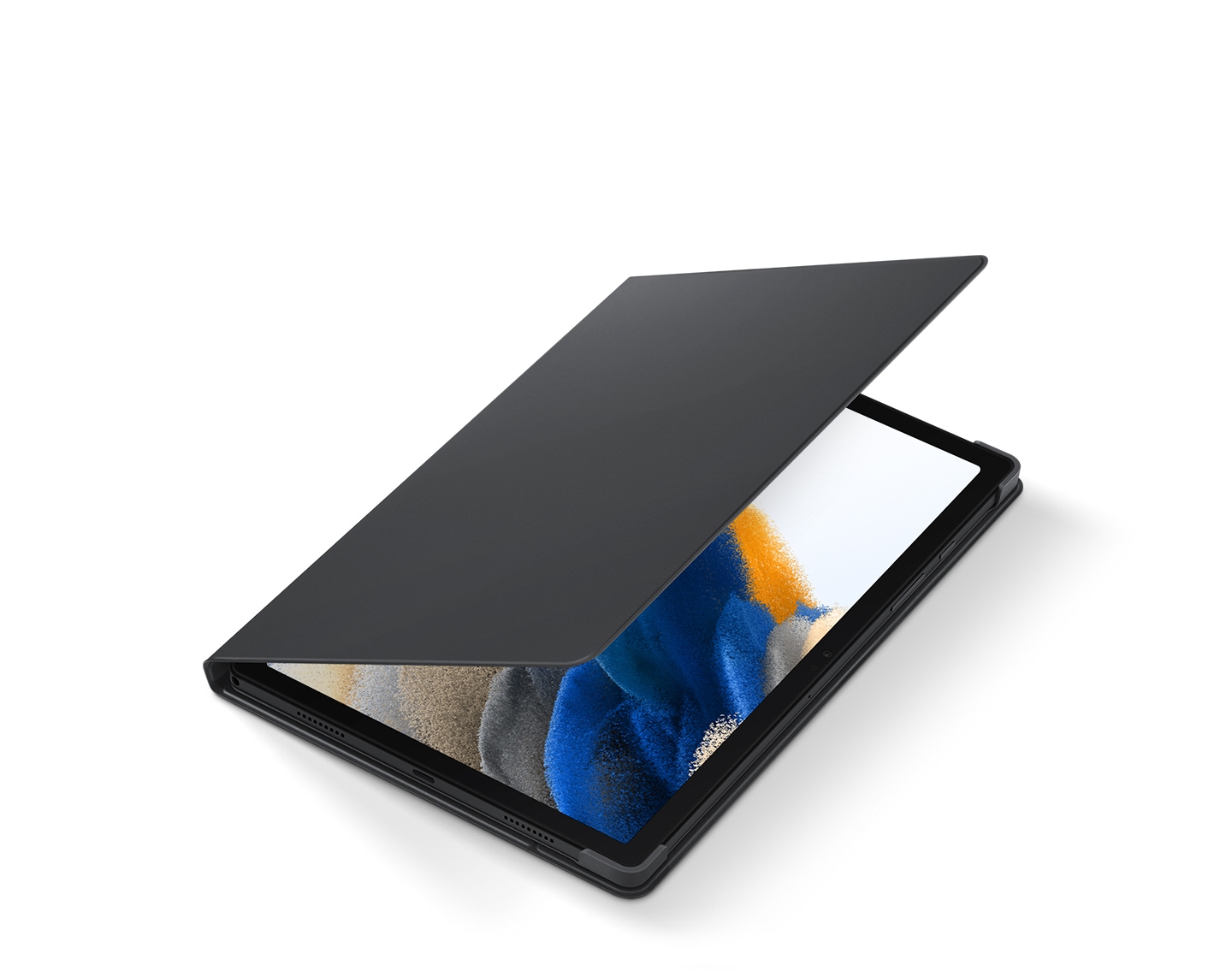 La cubierta del Galaxy Tab A8 Bookcover abierta hasta la mitad, mostrando la pantalla de la tablet.