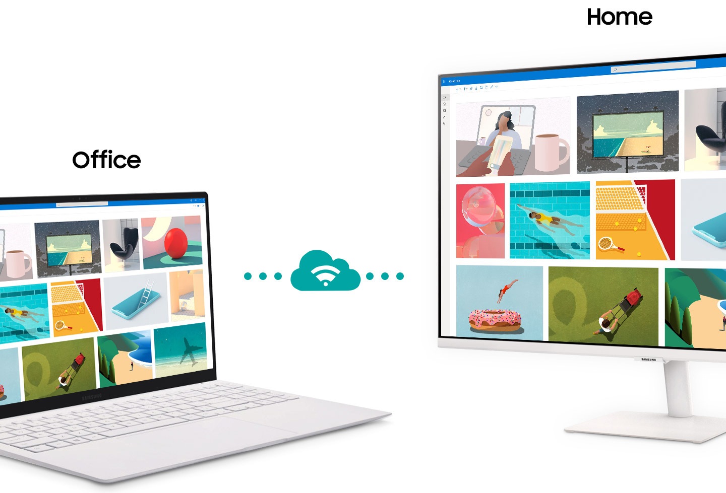 A monitor sits next to a laptop. Above the monitor, the word †Home' appears. Above the laptop the word †Office' appears. The laptop makes a connection with the monitor represented by a cloud icon. After connecting, the content shown on the laptop screen is mirrored on to the monitor screen.
