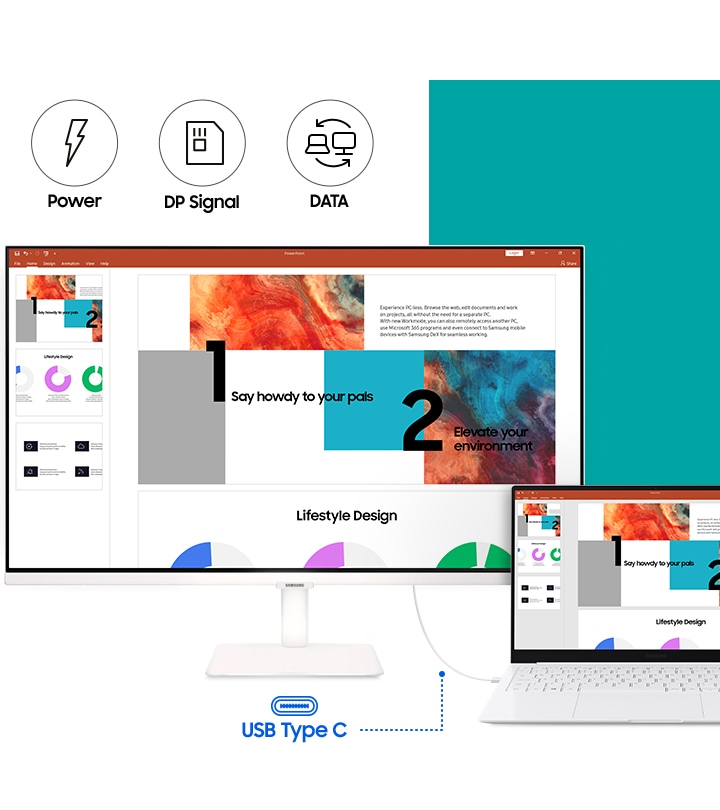 A monitor is connected to a laptop PC via a cable. Both monitor and laptop screens show identical images of a slide presentation being created. Above the monitor are three logos representing Power, DP Signal and DATA.