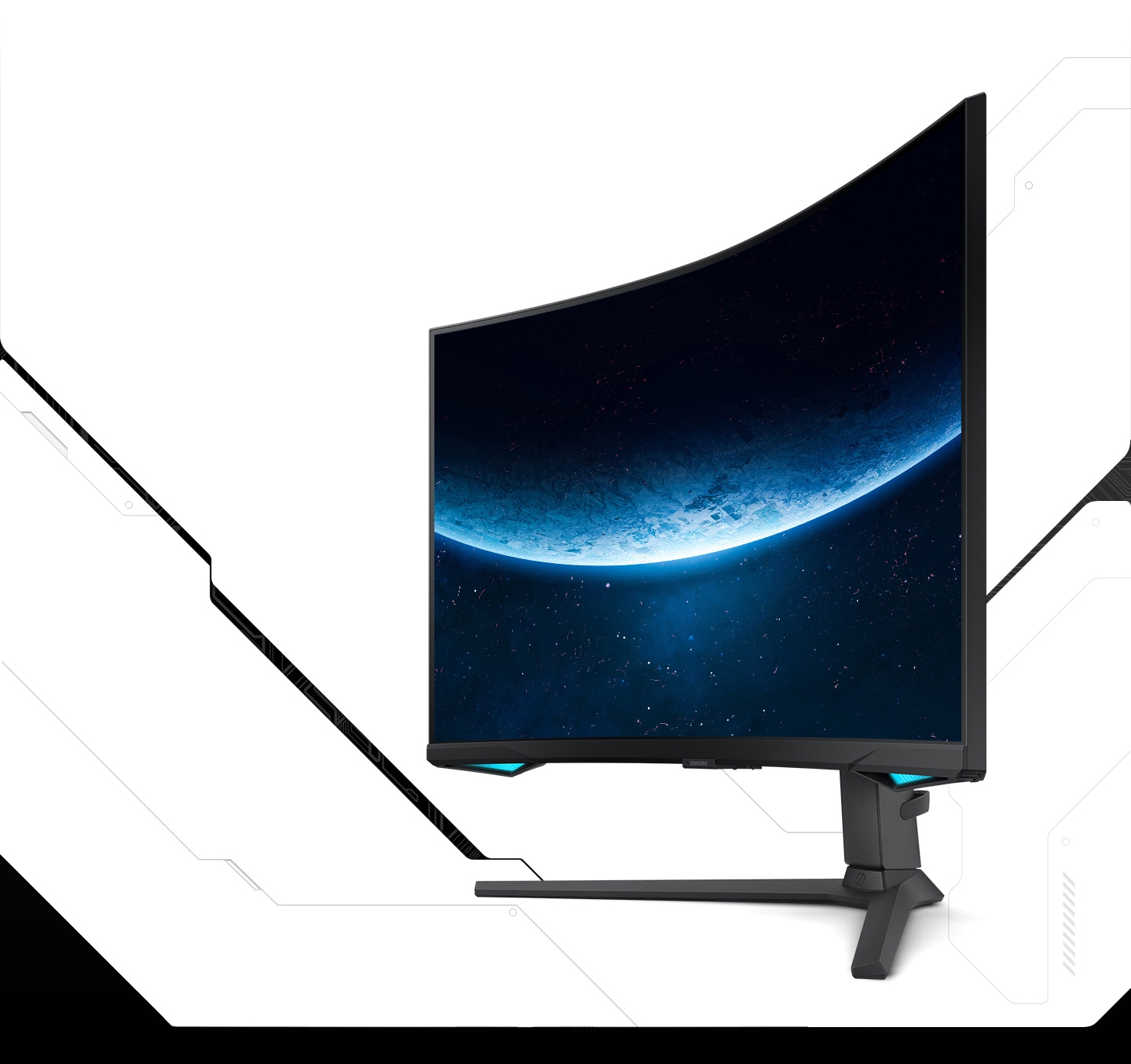 On the monitor display which is pivoted slightly to the left,  the bottom edge of a planet is illuminated by a sunrise.