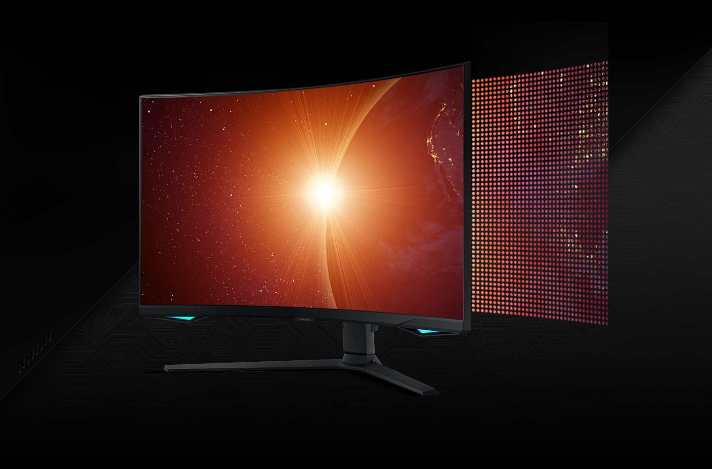 A video shows a split monitor screen with ""Edge LED"" on the left with a few large dots and ""Quantum Mini-LED"" on the right with many small dots. The left then shows ten local dimming zones and the right with 1,194. A shining star then appears on the screen as the monitor rotates to its left.