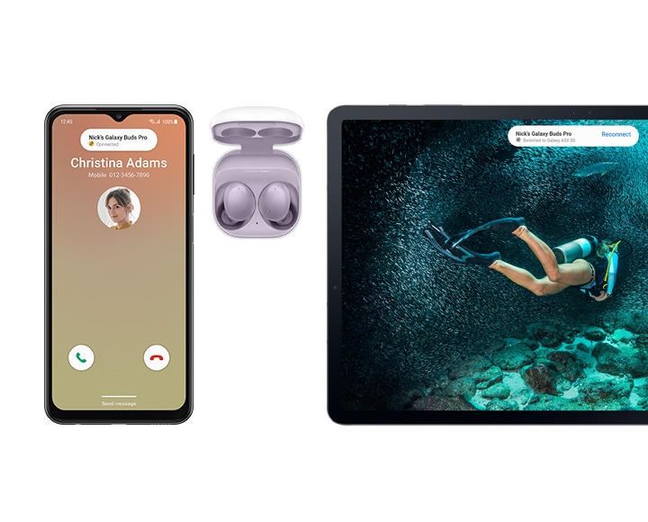 Three products are lined up from left to right: Galaxy A23 5G, Buds2 with the case lid opened and a Galaxy tablet. An incoming call from Christina Adams is shown on the smartphone screen while the tablet shows scuba diving-related content being played. On the top of both screens of the smartphone and the tablet, a bubble has popped up to notify of the call and that the user could take the call with the Buds2.