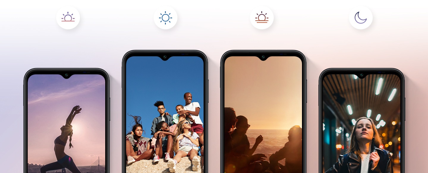 Four front facing devices show different images. Starting from the left, the first image under the sunrise icon shows a woman doing yoga outside at dawn. The second one under the sun icon shows a group of friends hanging out sitting on a rock at noon. The third one under the sunset icon shows friends having a conversation at dusk. The last one under the crescent moon icon shows a woman posing for a selfie at night.