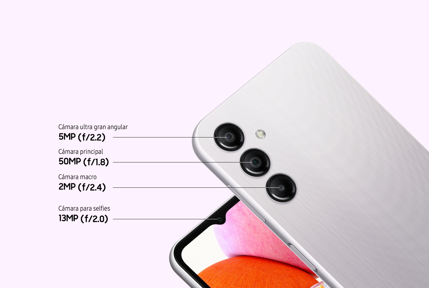 Two devices, both in Silver, show the rear side and front side of the device. On the right, the rear side of the device shows the 5MP f2.2 Ultra-wide camera, 50MP f1.8 Main camera, and 2MP f2.4 Macro camera. On the left, the front side of the device shows the 13MP f2.0 Front camera.