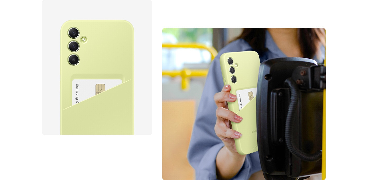 A la izquierda, un dispositivo Galaxy que lleva un estuche de ranura para tarjetas Lime muestra una tarjeta guardada de forma segura en la parte posterior. A la derecha, una mujer está etiquetando su dispositivo Galaxy usando un estuche de ranura para tarjetas Lime con una tarjeta en el bolsillo para pagar su transporte.