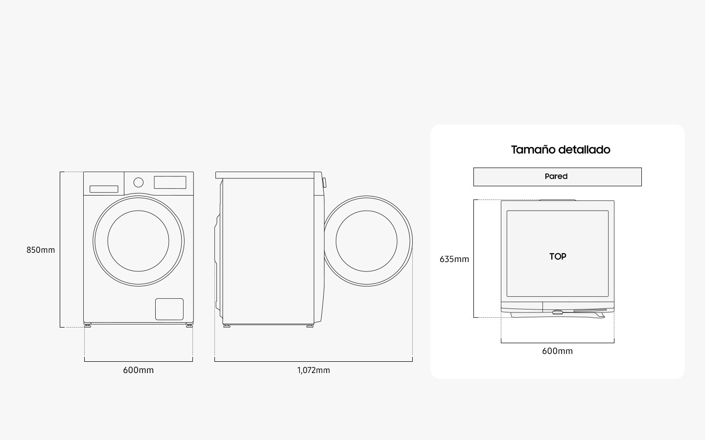 Width 600mm, height 850mm, depth 635mm, depth with door open 1,072mm.