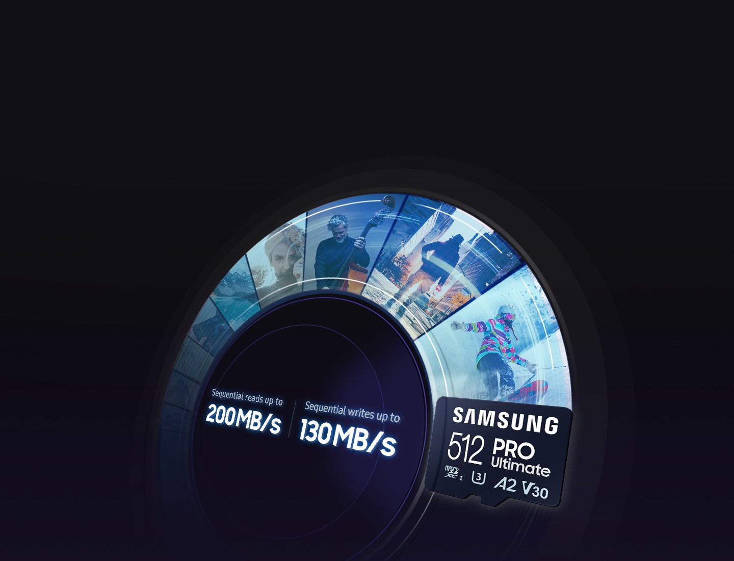 Visual en forma de velocímetro con varias imágenes de acción intercaladas para resaltar la impresionante velocidad que puede alcanzar la microSD de Samsung. Con velocidades de lectura y escritura secuenciales de hasta 200 MB/s y 130 MB/s respectivamente, la microSD de Samsung puede disparar la productividad y la creatividad.