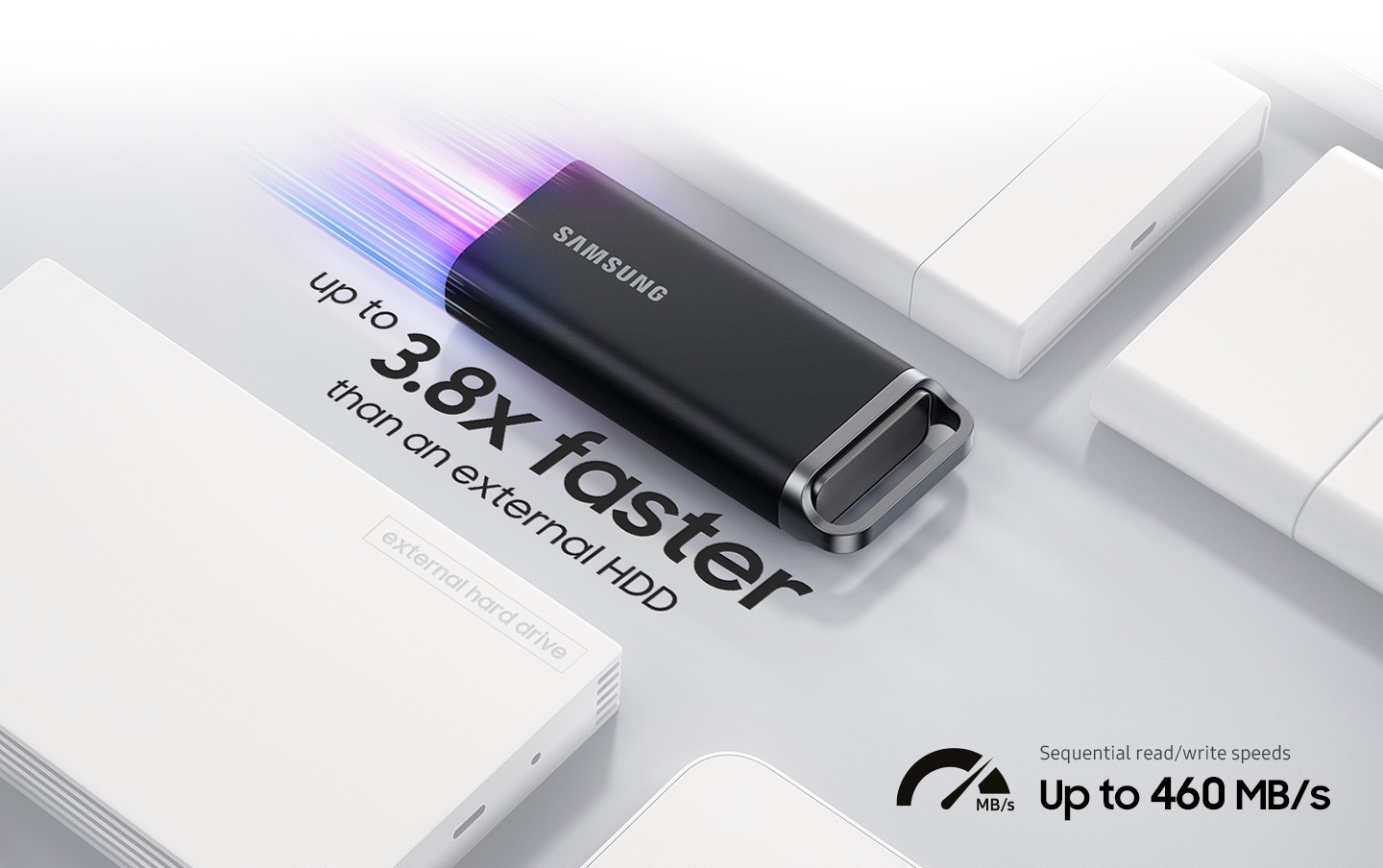 The T5 EVO zooming through lanes of external HDDs. The text “Up to 3.8x faster than an external HDD” is written below it. Also sequential read / write speed up to 460MB/s.