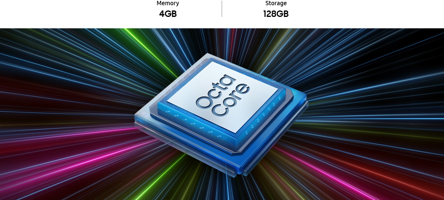 Un microchip azul con el centro blanco muestra el texto 'Octa Core' en el centro. Rayos de luz en varios colores convergen detrás del microchip. Memoria de 4GB/6GB/8GB, Almacenamiento de 128GB/256GB.