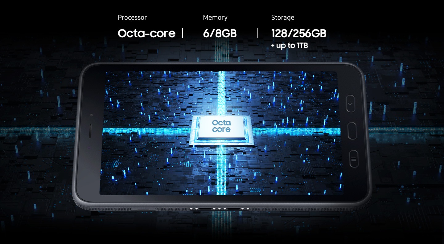 Un dispositivo Galaxy Tab Active5 5G se muestra en posición horizontal con un chip de procesador Octa-core en el centro de la pantalla y emite brillantes rayos de luz azul neón a todos lados. Procesador Octa-core. 6/8GB de memoria. 128/256GB de almacenamiento, ampliable hasta 1TB.