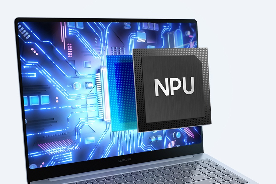 Galaxy Book4 Edge is open, facing slightly right with the chipset's circuit shown onscreen and the NPU popping out of the screen.