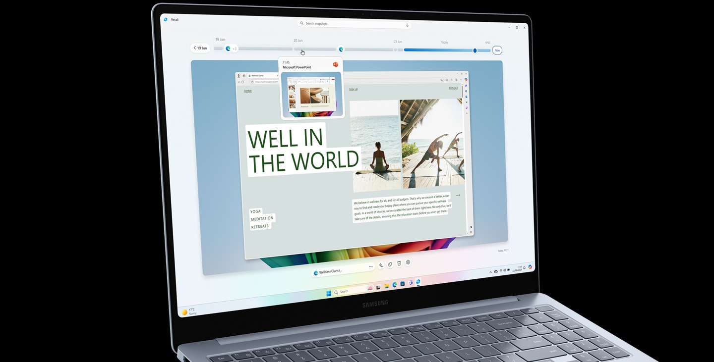 Galaxy Book4 Edge está abierto, orientado ligeramente hacia la derecha con un mensaje de IA y varias instantáneas de flores azules y rosas del historial del usuario que se muestran en pantalla usando Recall en Copilot en Windows.