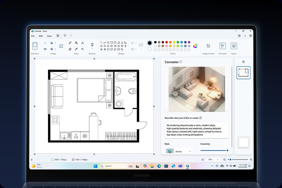 Aplicación Paint abierta a pantalla completa con la función Cocreator utilizada para convertir un boceto del interior de un estudio de una habitación en una imagen de diseño 3D generada por inteligencia artificial.
