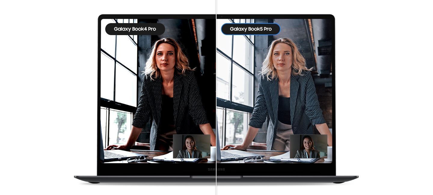 Galaxy Book5 Pro is open, facing forward with two people participating in a video call shown onscreen. The screen is divided in two. On the left side, Galaxy Book4 Pro, the onscreen image is dark. On the right side, Galaxy Book5 Pro, the onscreen image is bright and vivid thanks to Staggered HDR.