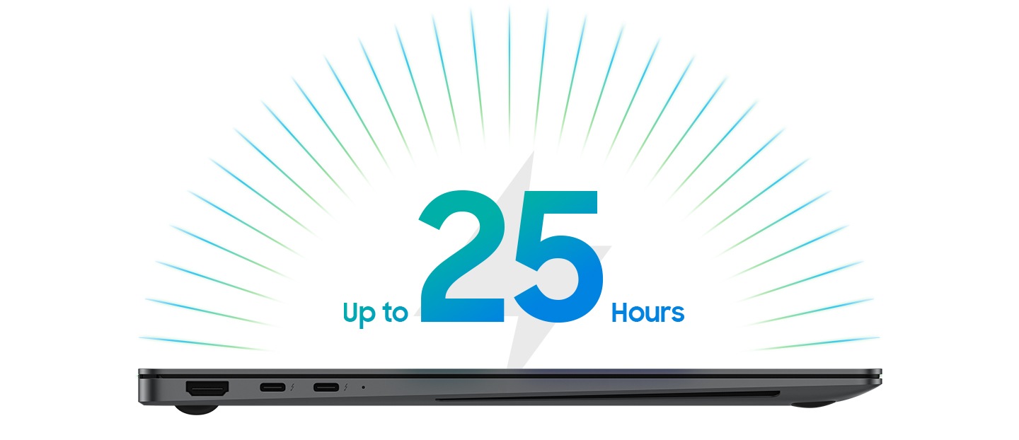 El Galaxy Book5 Pro 16" está cerrado y colocado con la parte derecha expuesta. Proporciona hasta 25 horas de batería.