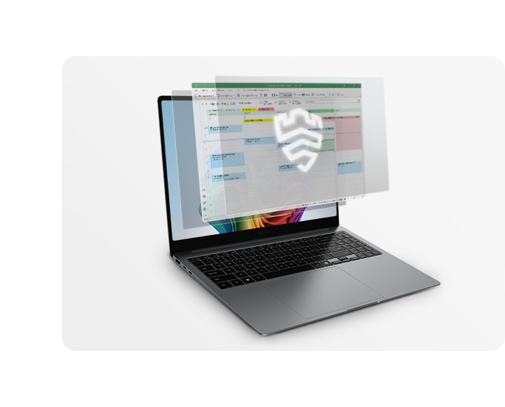 Galaxy Book5 Pro en Gray está abierto, orientado hacia la izquierda, con un colorido fondo de pantalla. La ventana de la aplicación Microsoft Excel y otras dos capas de ventanas en pantalla se muestran en la parte superior de la pantalla del dispositivo. El logotipo de Samsung Knox aparece delante.